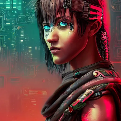 Image similar to highly detailed portrait of a post-cyberpunk south african young lady by Akihiko Yoshida, Greg Tocchini, 4k resolution, mad max inspired, wild neon color scheme with south african symbols and graffiti