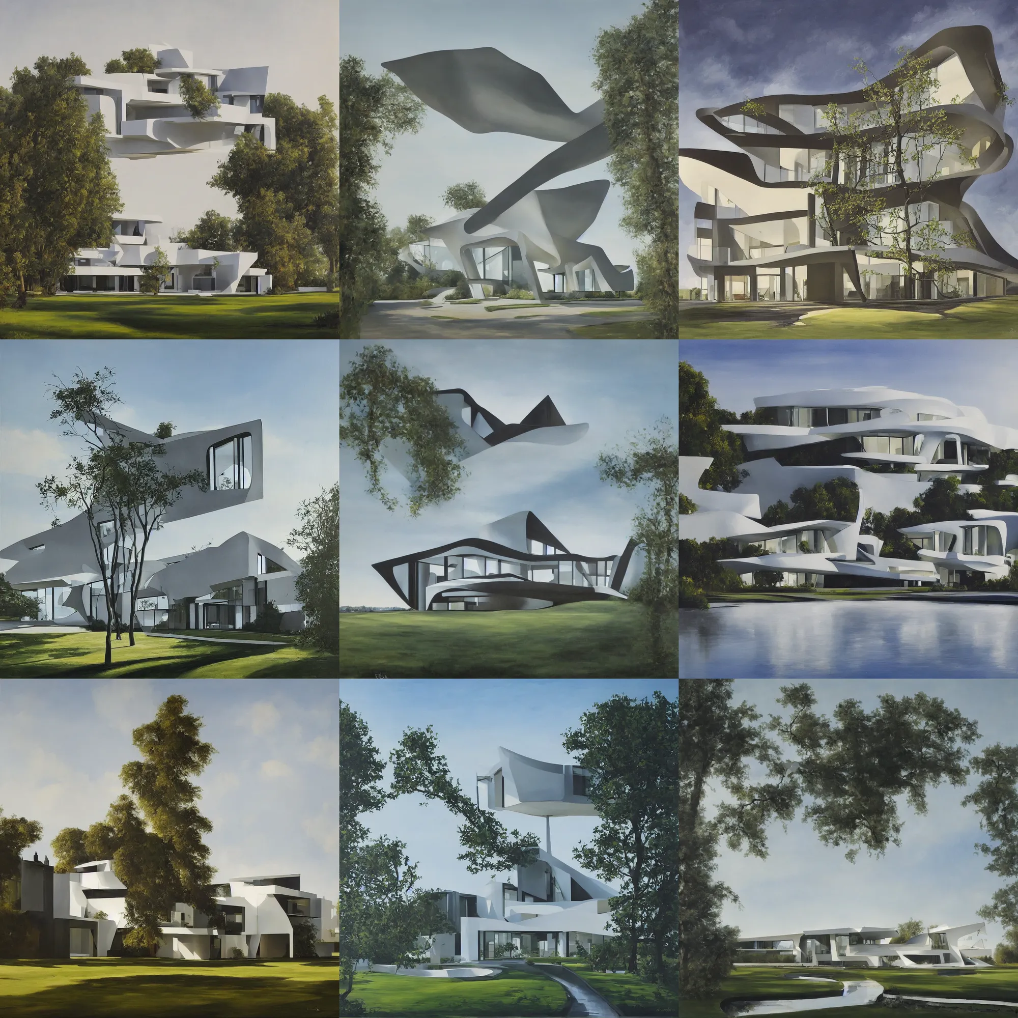Prompt: a beautiful painting of a modern, angular and stylish mansion designed by zaha hadid, in a serene landscape by jan frans van bloemen