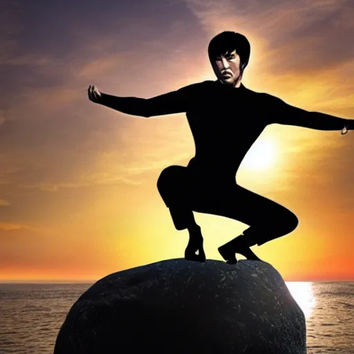 Prompt: Bruce Lee doing a kick on a rock while the sun rises in the background, HD, high resolution, cinematic, 4K