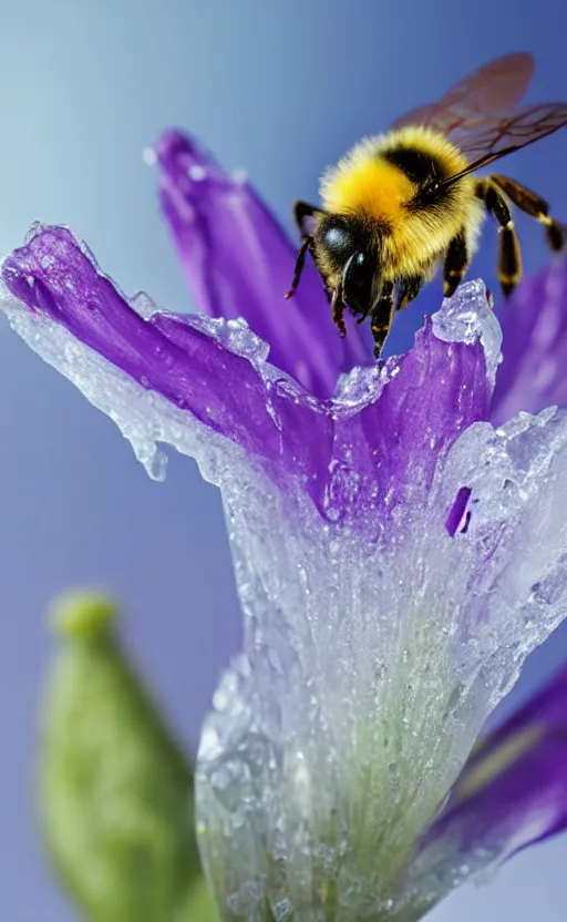 Image similar to a bee and a flower entrapped under a layer of ice, beautiful macro photography, ambient light