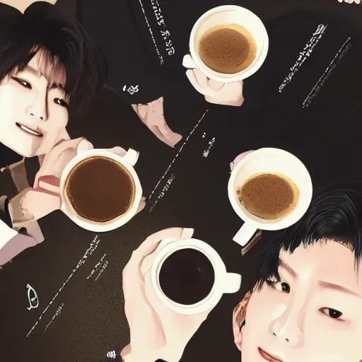 Image similar to a cup of coffee part 4 featuring johnny suh, mark lee, jung jaehyun, ten lee, and kim doyoung, all from the group nct, neo culture technology, art by gogos basil