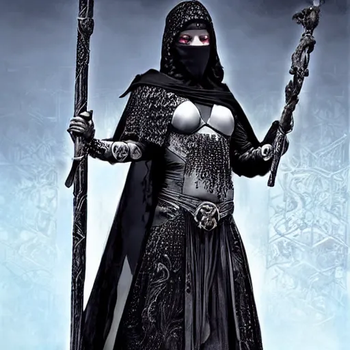 Prompt: a warrior woman in a hooded dark robe, her face is covered by a chain - mail veil, standing in a fighting stance and holding a long staff, intricate, elegant, highly detailed, smooth, sharp focus, high contrast, graphic novel, art by pepe larraz,