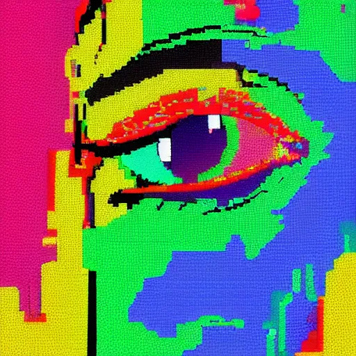Prompt: characterized by bright garish, high chroma color, heavily pixelated, like bad computer painting app, like MacPaint or MS Paint, visually violent, Abstract collages of random images and random shapes and random cropping, It's eye catching and it's attention grabbing