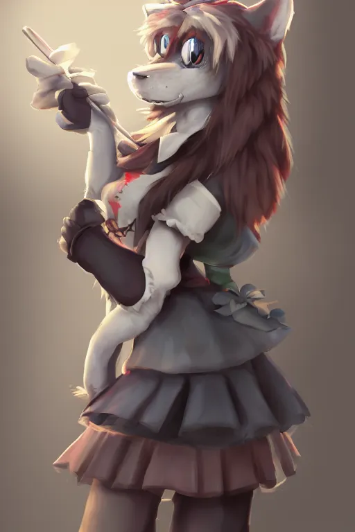 Prompt: anthropomorphic wolf fursona wearing a maid outfit holding a duster, backlighting, furry art, trending on artstation, digital art, trending on furaffinity