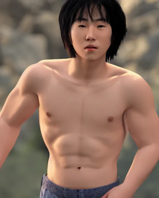 Prompt: Young male Korean protagonist shirtless with a big pregnant belly, ultrarealistic, highly detailed, 8k