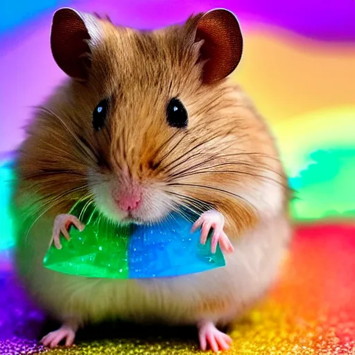 Image similar to a hamster made out of rainbow gems, 8k, hd, light reflection