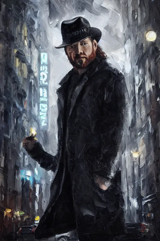 Image similar to palette knife oil painting of the norse god tyr as a noir detective with a missing hand. fedora, trenchcoat. extreme detail. artstation trending, any racial background, artgerm, deviant art, octane, substance, art history 8 k