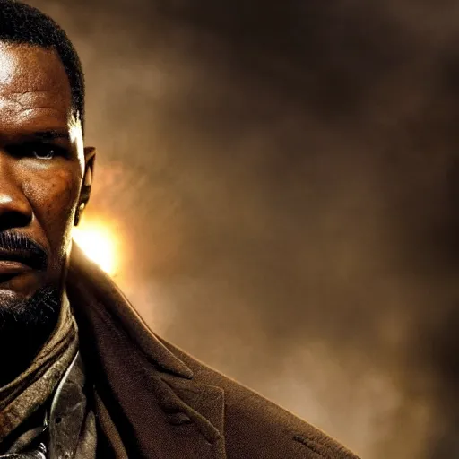 Image similar to Jamie Foxx as Django from Django Unchained in 'Gears of War', splash art, movie still, cinematic lighting, detailed face, dramatic, octane render, long lens, shallow depth of field, bokeh, anamorphic lens flare, 8k, hyper detailed, 35mm film grain