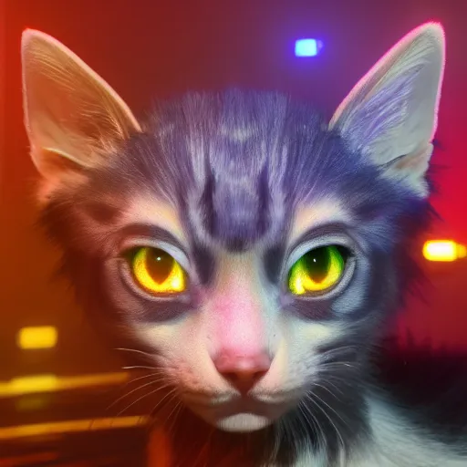 Image similar to iridescent kittens cyperpunk 2 0 7 7, unreal engine 5, 8 k ultra realistic, hyperdetailed, volumetric lighting, extremely high quality