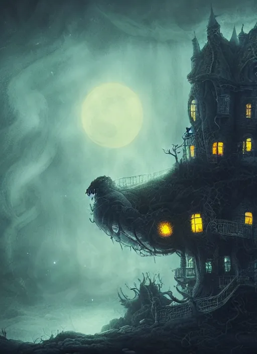 Prompt: giant burning tentacles destroying glowing mansion dramatic lighting desolate landscape with a light moon in a night black hole, matte painting, alexander jansson, allen williams, artem chebokha