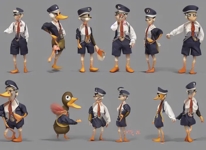 Image similar to award - winning detailed concept art of a cute iconic anthropomorphic duck character wearing a sailor suit. art by wlop on bcy. net, realistic. detailed feathers, art by cheng yi. artstationhd, artgerm, disney pixar zootopia. 3 d rendering, high quality model sheet