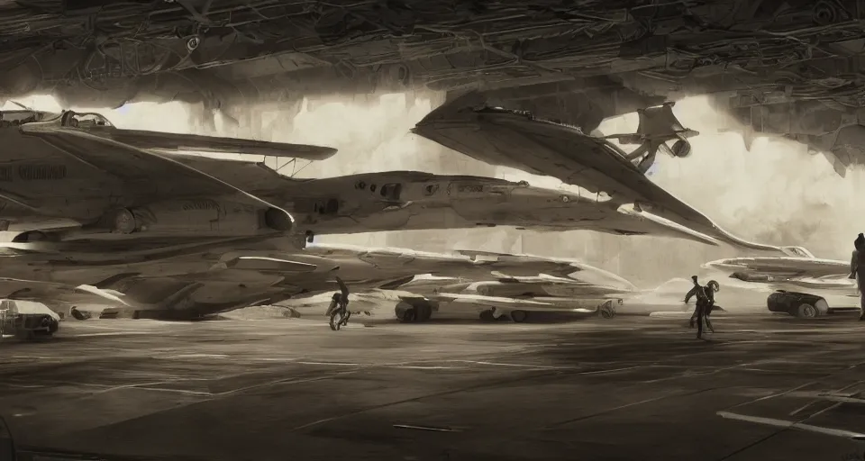 Prompt: inside the hangar of a starship, pilots run towards a fighter craft, photo sepia tone, realistic, detailed, hyperrealistic, dark sci - fi, by rutkowski, 8 k, artstation