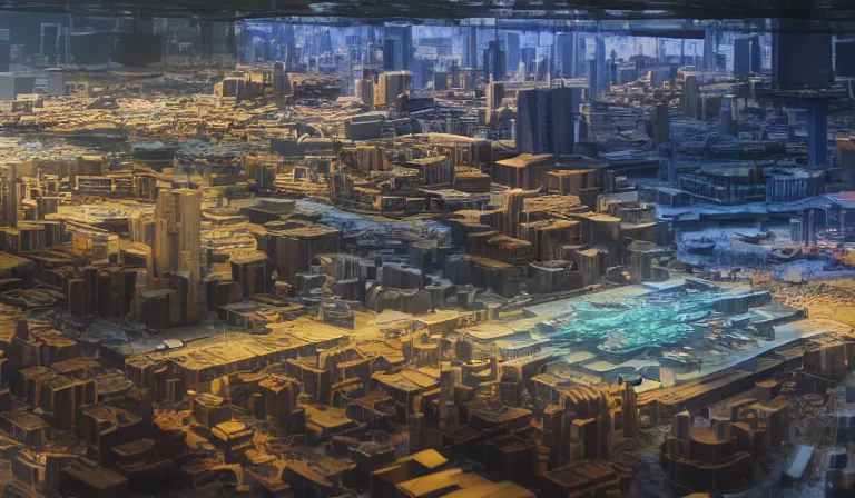 Image similar to large group people in simple warehouse, looking at hologram of futuristic city on a table, cinematic concept art, godrays, golden hour, natural sunlight, 4 k, clear details, tabletop model buildings, center model buildings, hologram center, crane shot, crane shot, crane shot