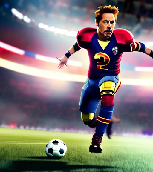 Prompt: screenshoot of robert downey jr as football player on fifa 2 2 pc gameplay, celebrate goal, hyperdetailed ultrasharp octane render