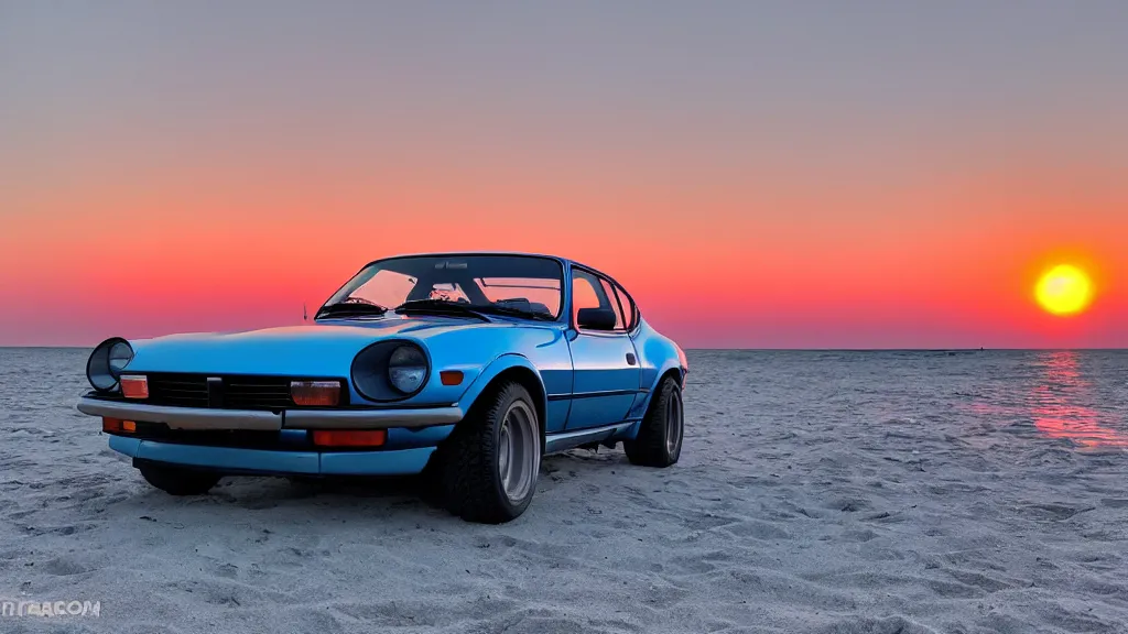 Image similar to synthwave datsun 2 4 0 z at sunset, on the beach, 8 k. filling of the view