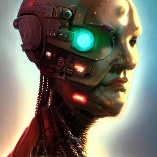 Prompt: a beautiful portrait of a cyborg elder with futuristic cybernetic glowing war face paint, dynamic pose, sci - fi, cyberpunk by ruan jia, roger dean, rene magritte, trending on artstation, award winning, 8 k