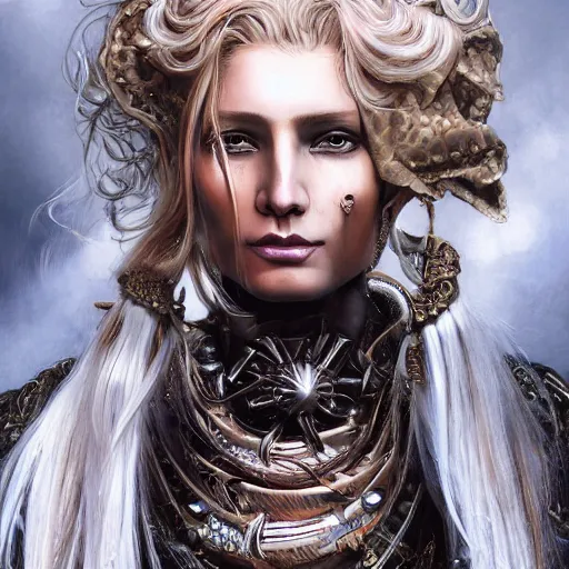 Image similar to portrait, headshot, insanely nice professional hair style, dramatic hair color, digital painting, of a old 17th century, old cyborg merchant, amber jewels, baroque, ornate clothing, scifi, realistic, hyperdetailed, chiaroscuro, concept art, art by Franz Hals and Jon Foster and Ayami Kojima and Amano and Karol Bak,