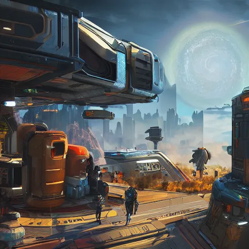 Image similar to sci fi container from apex legends in a pleasant urban setting surrounded by families, art station, ultra hd, soft light, overhead sun, ultra hd, art station