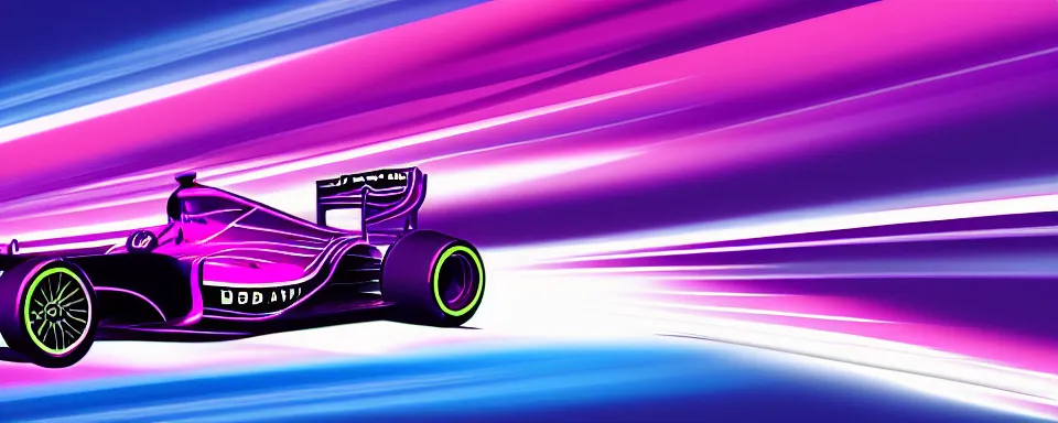 Image similar to abstract illustration of a formula one car, synthwave, purple and pink, motion blur, light streaks, octane render, depth of field