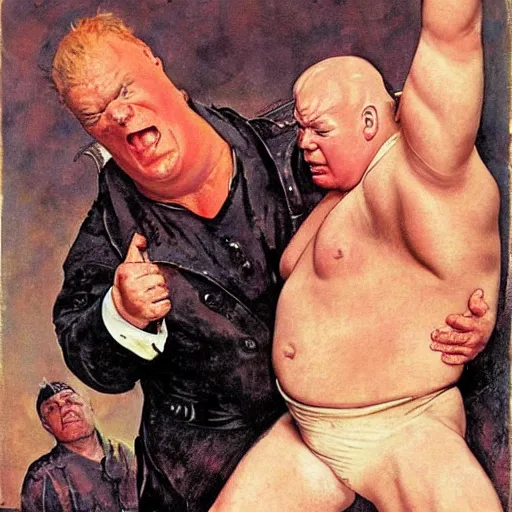 Prompt: brock lesnar as baron harkonnen is dismayed to find no option for oil on the menu, painted by norman rockwell and tom lovell and frank schoonover