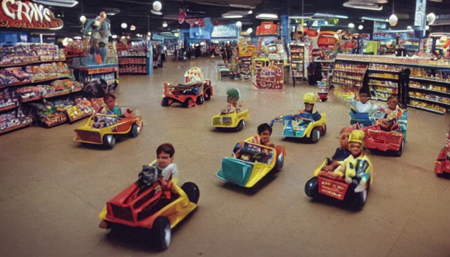 Image similar to 1990s photo of inside the Boring News Grown up errands ride at Universal Studios in Orlando, Florida, children riding on tiny minivans go-carts through a fake grocery store course , flying soccer balls, cinematic, UHD