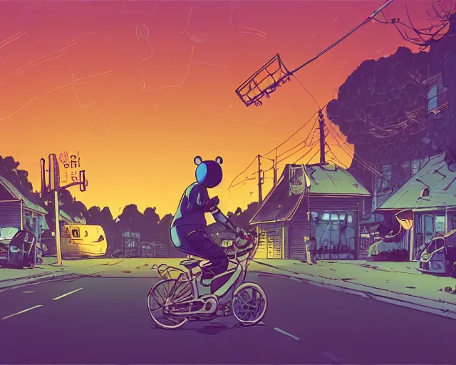 Image similar to a study of cell shaded cartoon of a band playing a microKorg synthesizer and drums floating above a country road, street lamps, road, illustration, wide shot, subtle colors, post grunge, concept art by josan gonzales and wlop, by james jean, Victo ngai, David Rubín, Mike Mignola, Laurie Greasley, highly detailed, sharp focus, Trending on Artstation, HQ, deviantart, art by artgem