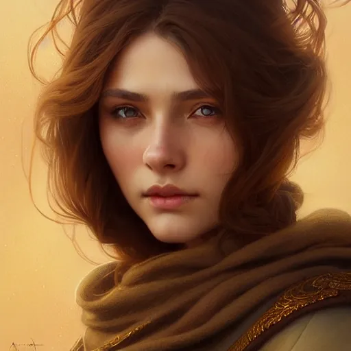 Image similar to brown haired mage medium portrait, gentle, female, city landscape, norway, d & d, fantasy, intricate, elegant, highly detailed, digital painting, brown and gold color palette, artstation, octane render, concept art, matte, sharp focus, illustration, herrarthstone, art by artgerm and greg rutkowski and alphonse mucha