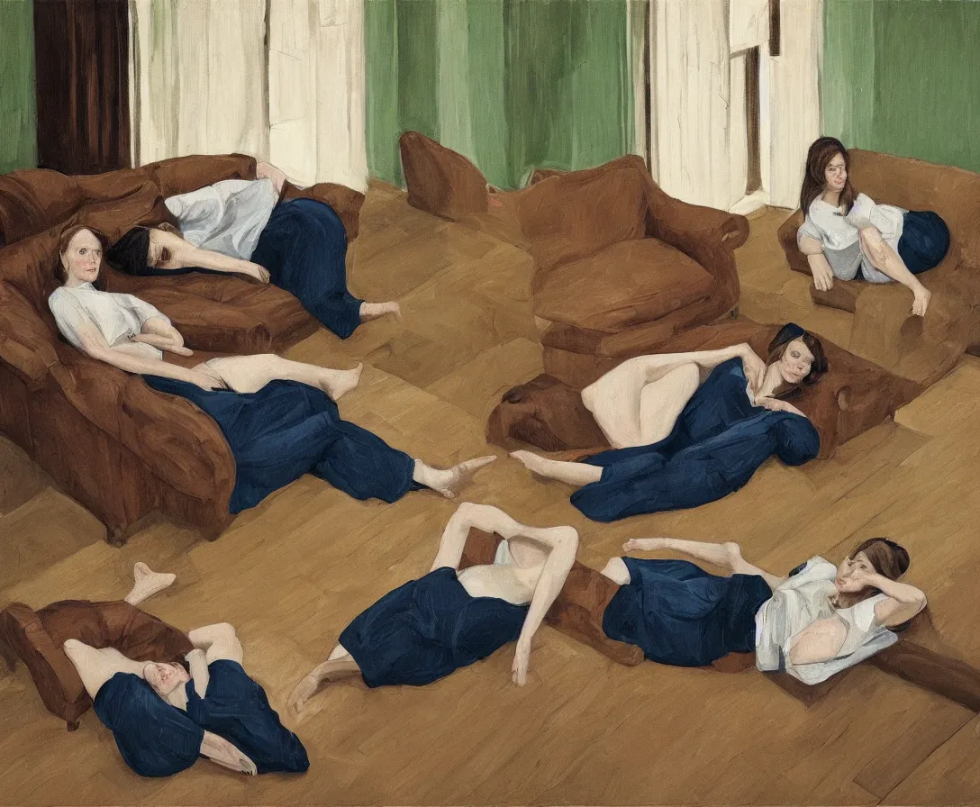 Image similar to portrait of two women lying horizontal, in an empty old english apartment with wooden floor on a brown leather sofa. one is wearing a dark blue sweather, the other a white shirt. brown hair, they are looking into the camera. wide shot. in the style of lucien freud. oil painting. green mood. isometric perspective