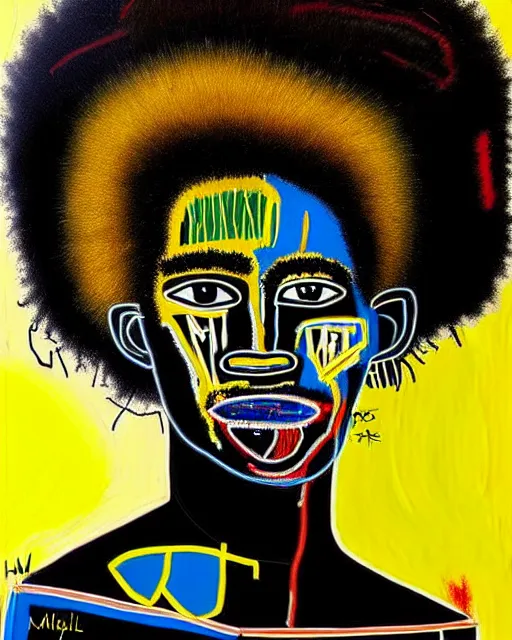 Image similar to A extremely ultra highly detailed majestic hi-res beautiful immaculate head and shoulders award winning painting stunning masterpiece of the face of a strong black african warrior man with an afro by Jean-Michel Basquiat, 8k, high textures, ultra hyper sharp, insanely detailed and intricate, super detailed, 8k HDR ultra high quality