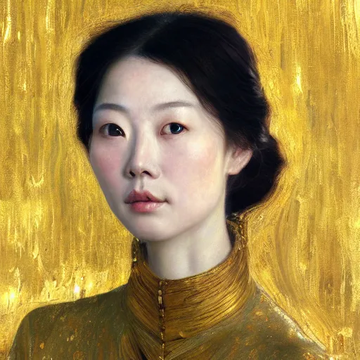 Image similar to high quality portrait painting of woman by Zhong Fenghua and Gustav Klimt, stunning, detailing, artstation trending, perfect lighting, golden hour, face detailing