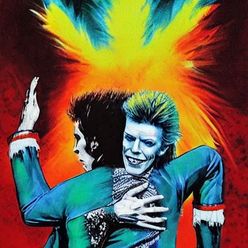 Prompt: david bowie from changes giving a piggy back ride to ziggy stardust. by basil gogos