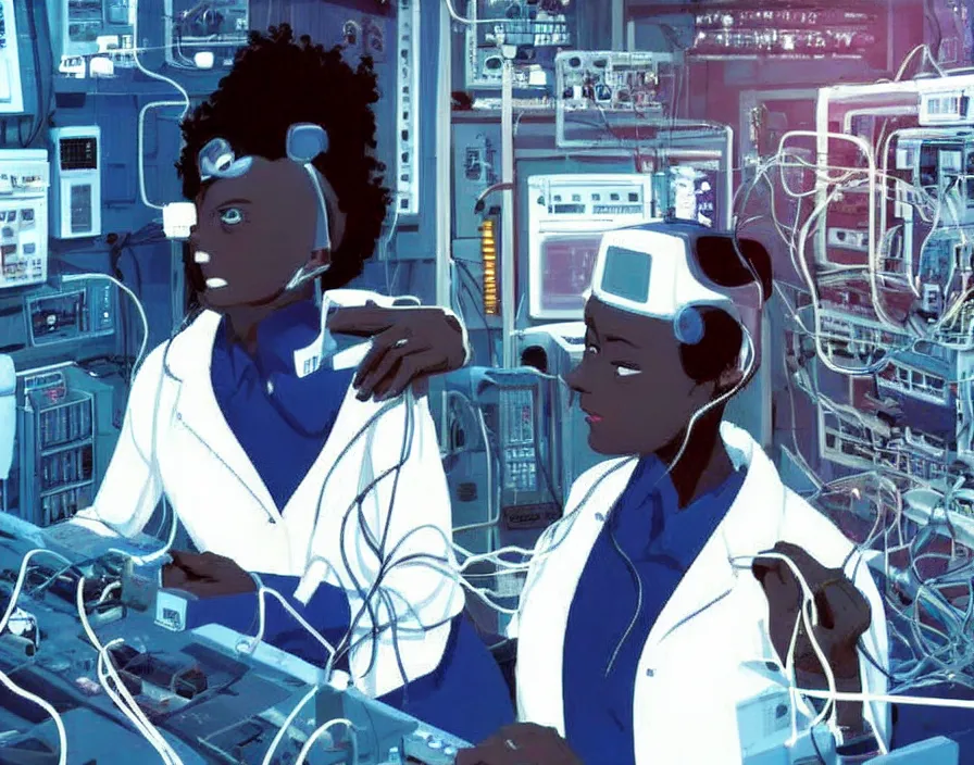 Prompt: dark skin woman wearing a white lab coat with a blue haircut, connected to wires, surrounded by 1 9 8 0 s computers, in the style of serial experiments lain and 9 0 s anime, dynamic lighting, dark ambience, cell - shaded, detailed face, retro tech