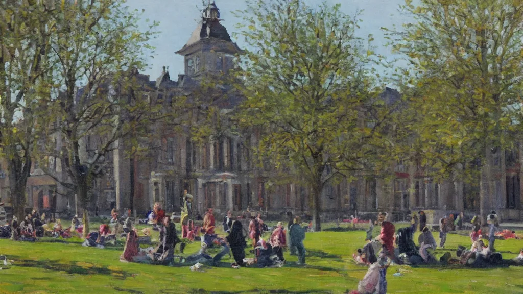 Image similar to impressionist oil painting of campus life at University college dublin