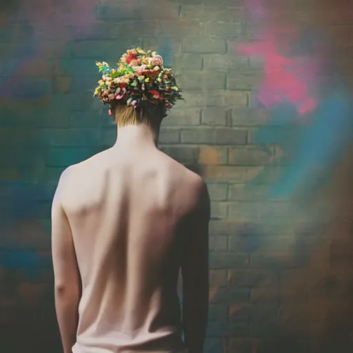 Image similar to kodak portra 4 0 0 photograph of a skinny blonde guy standing in cluttered art studio, back view, flower crown, moody lighting, moody vibe, telephoto, 9 0 s vibe, blurry background, vaporwave colors, faded!,