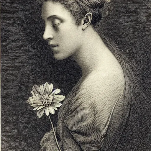 Prompt: extreme close-up, portrait of a beautiful french woman from behind with a single flower in head, Gustave Dore lithography