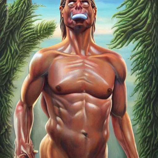 Image similar to beautiful lifelike painting of a centaur centaur centaur chimera tom cruise torso, hyperreal detailed facial features and uv lighting, art by ed roth and basil wolverton