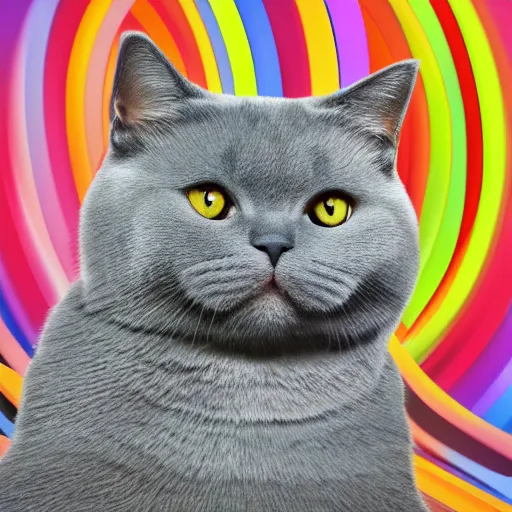 Prompt: detailed oil painting portrait of a grey british shorthair cat sitting upright on spiral curved piano keyboard on colorful abstract background with musical notes digital art concept art 4 k