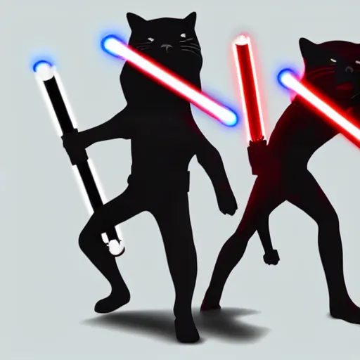 Image similar to Sith kitties in light saber battle with jedi puppies, high quality, detailed, digital art, 4K, OLED, shadows, reflections, Star wars background