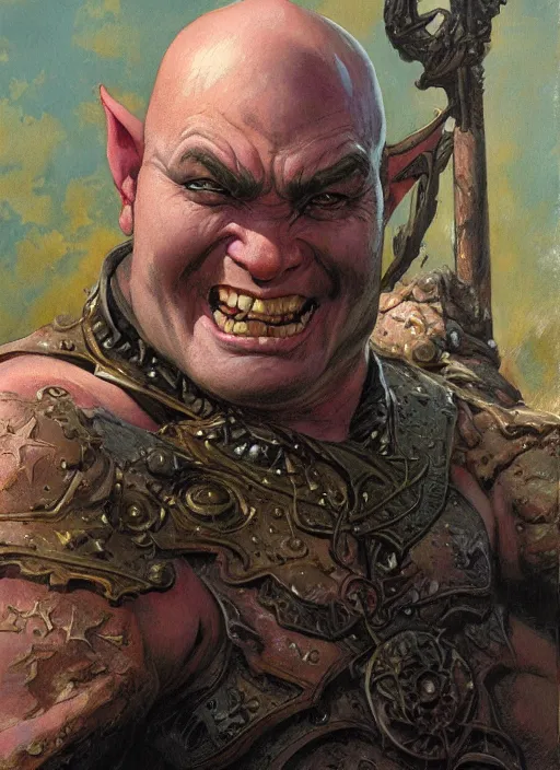 Prompt: a fantasy comic book style portrait painting of a grinning bald half - orc male warrior, art by donato giancola and bayard wu and gustav moreau and wayne barlowe