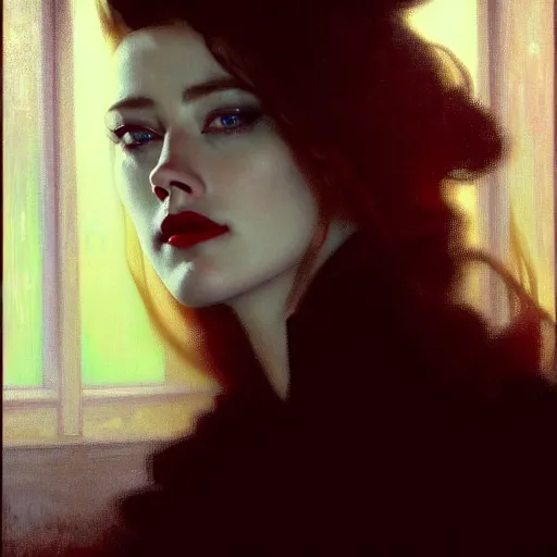 Image similar to hyperrealistic portrait of a woman as amber heard as a vampire witch in a black coat as a reflection in a window. by jeremy mann and alphonse mucha, tears, falling red petals, fantasy art, photo realistic, dynamic lighting, artstation, poster, volumetric lighting, very detailed faces, 4 k, award winning