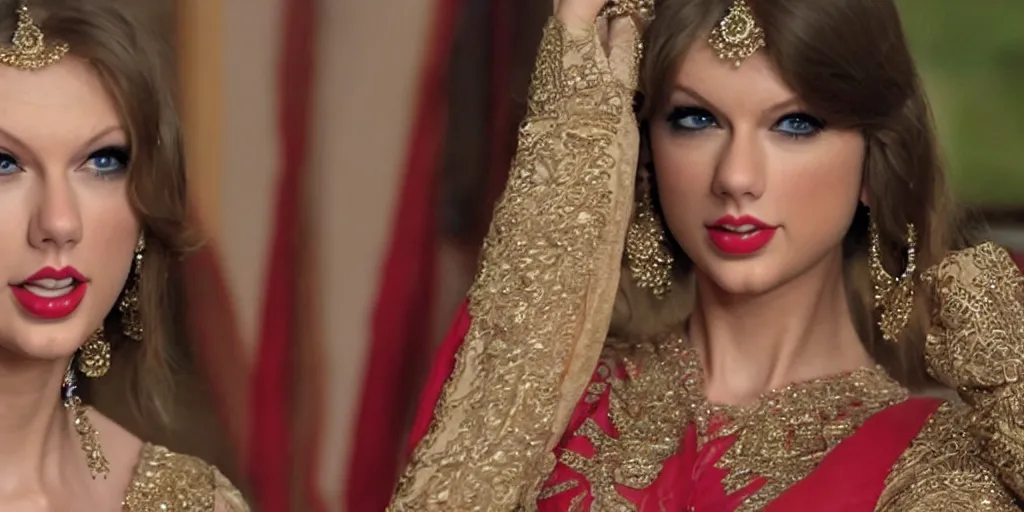 Image similar to Taylor Swift in a bollywood in Indian soap opera TV show, 8K UHD, cinematic, highly detailed