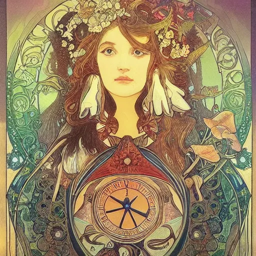 Image similar to Alice in Wonderland,Diamonds Blaze,Rose twining,out of time and space,dreamy, eternity, romantic,highly detailed,in the style of Alphonse Maria Mucha, highly detailed,night lighting