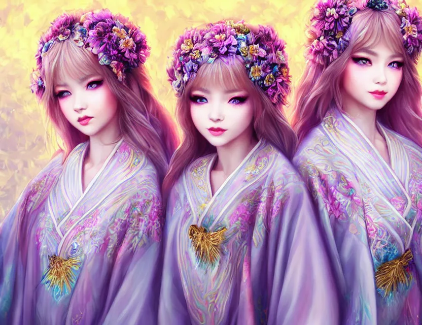 Image similar to two beautiful fashion siberian girls wear fantasy kimono in festival | | big eyes, sunny, dreamlike art, realistic shaded, smile, good looking, hyper details, 4 k realistic, cryengine, realistic shaded lighting poster by artgerm, ross tran, fuji choko, loish, 8 k resolution, trending on artstation, luxury