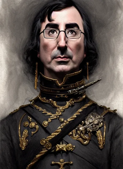 Image similar to portrait of stoic looking john oliver as in the vigo carpathian painting, full body, military uniform, fantasy, intricate, elegant, beautiful, highly detailed, charcoal, centered, dark, smokey, digital painting, artstation, concept art, smooth, sharp focus, illustration, art by artgerm and greg rutkowski and alphonse mucha