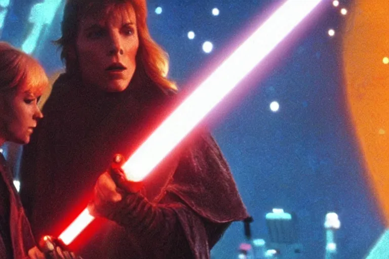 Prompt: scene from star wars: the empire strikes back, ziggy stardust turns on a lightsaber, amazing cinematography