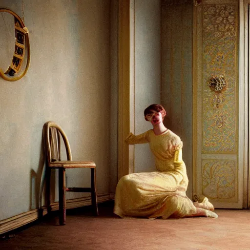 Prompt: a young ivory and golden filigree girl in an soviet liminal abandoned room, film still by wes anderson, depicted by balthus, limited color palette, very intricate, art nouveau, highly detailed, lights by hopper, soft pastel colors