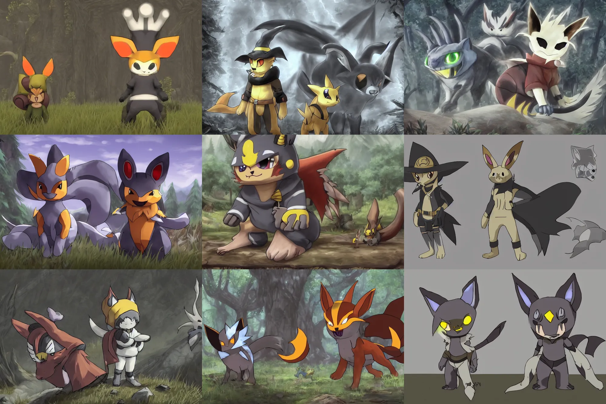 Prompt: trailcam footage grayscale low saturation video game elden clay growlithe : espeons reprisal star valley resident evil unreal engine mismagius oblivion mystery dungeon ultrahd resident eevee wearing bandanna fighting giratina in a stadium, the old god wearing a witch hat pokemon final cgsociety