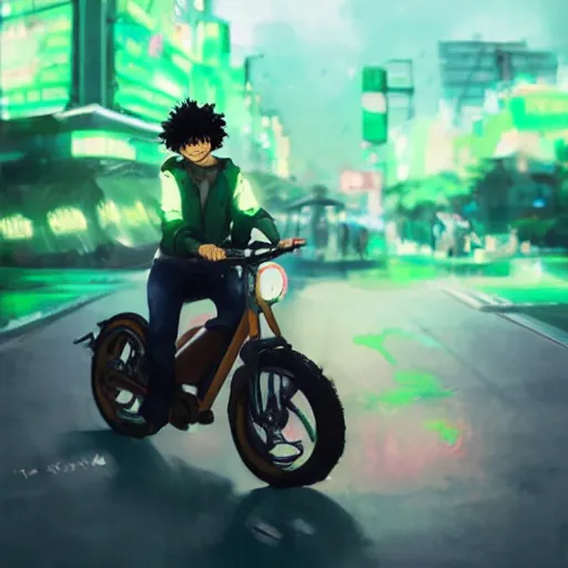 Image similar to realistic Izuku Midoriya riding a neon electric bike, Greg Rutkowski