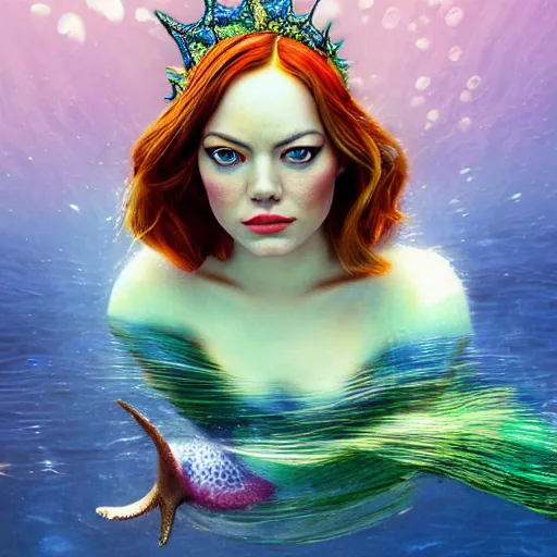 Prompt: emma stone portrait, fantasy, mermaid, hyperrealistic, game character, underwater, highly detailed, sharp focus, cinematic lighting, pearls, glowing hair, shells, gills, crown, water, highlights, starfish, jewelry, realistic, digital art, pastel, magic, fiction, ocean, king, colorful hair, sparkly eyes, fish, heroic, god, waves, bubbles