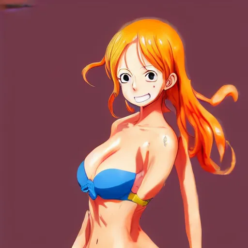 Image similar to anime portrait of Nami from One Piece as an anime girl, cute smile, orange bikini, by Stanley Artgerm Lau, WLOP, Rossdraws, James Jean, Andrei Riabovitchev, Marc Simonetti, and Sakimichan, trending on artstation